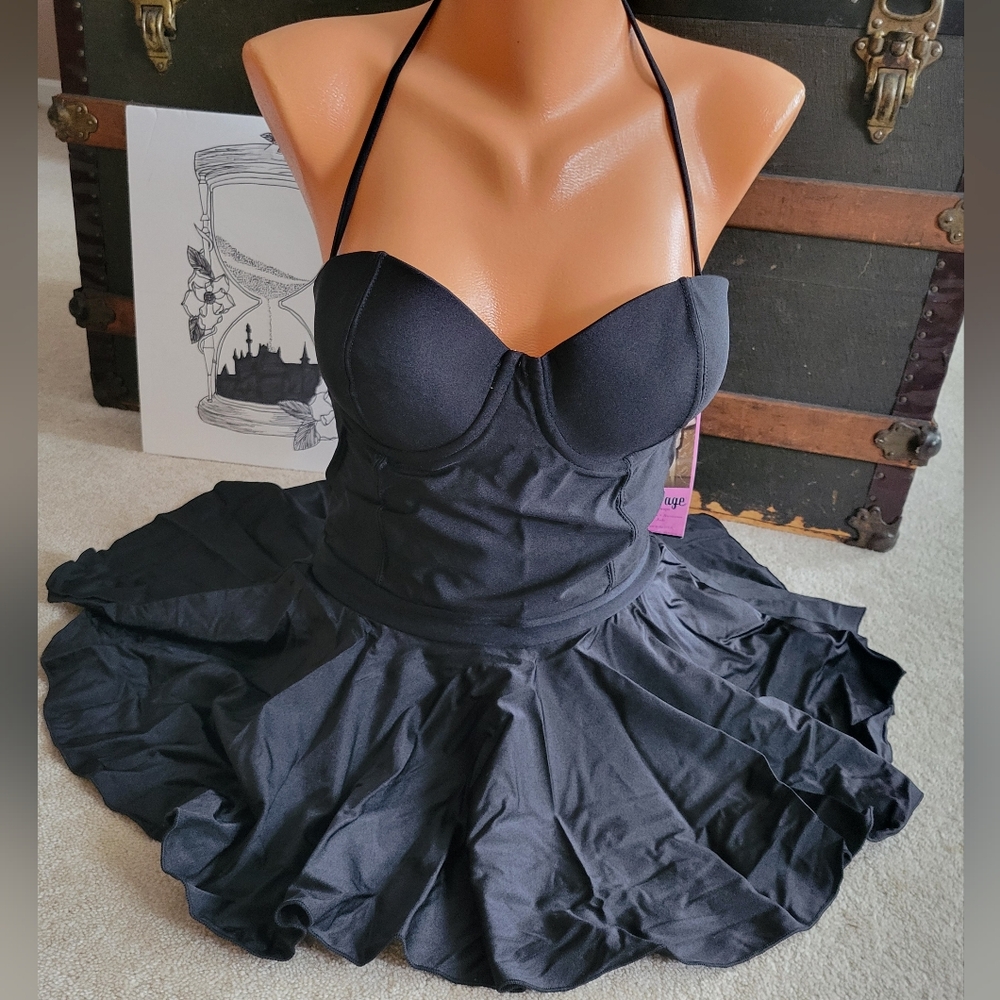 Bettie Page Swatch Bandeau Shaped Cup Swim Dress Size 10 Black Vintage Style - Picture 7 of 11